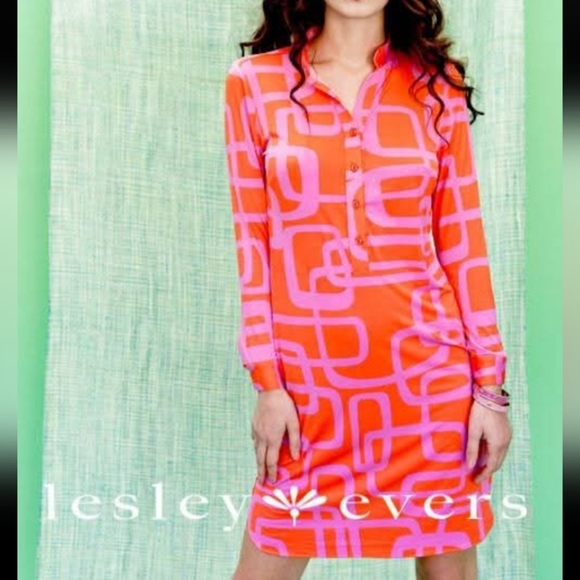 Lesley Evers Dresses & Skirts - SOLD Lesley Evers Retro Long Sleeve Tunic Dress Pink Orange Geometric Size Small